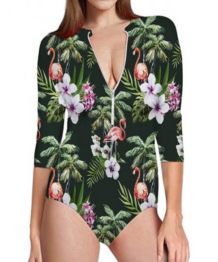 One-Pieces Flamingo Women's One Piece Swimsuits Long Sleeve UV Protection Surfing Rash Guard Zip Bathing Suit Swimwear - C818...