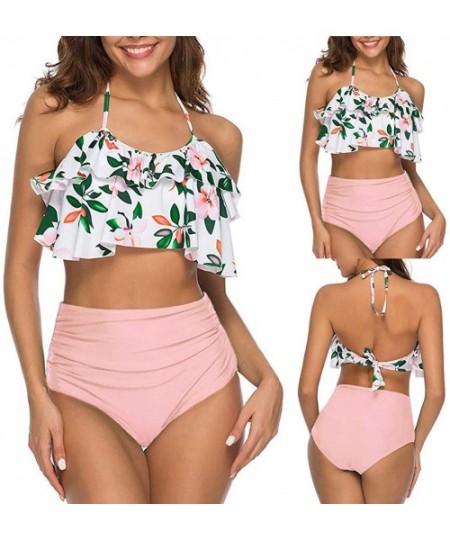 Tops Swimsuit for Women Two Pieces Top Ruffled Backless Racerback with High Waisted Bottom Tankini Set - P-pink - CK194WTOK68