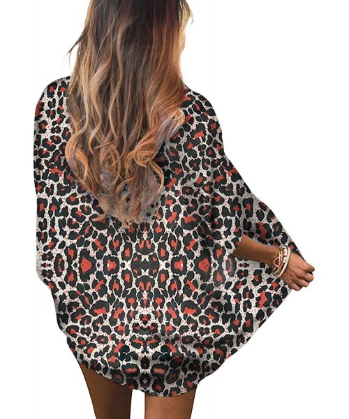 Cover-Ups Women's Floral Print Kimono Loose Cardigan Half Sleeve Chiffon Shawl Casual Open Front Beach Cover Up Blouse - Leop...