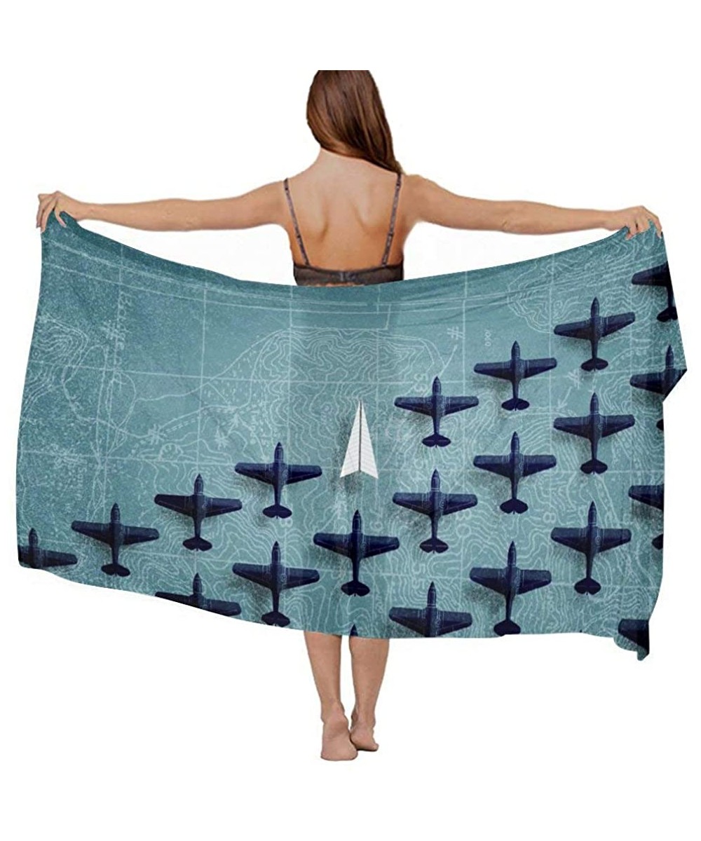 Cover-Ups Women Luxury Chiffon Swimwear Cover Up- Oversize Beach Sarong Shawl Wrap - Airplane - CX19C6N7SX8