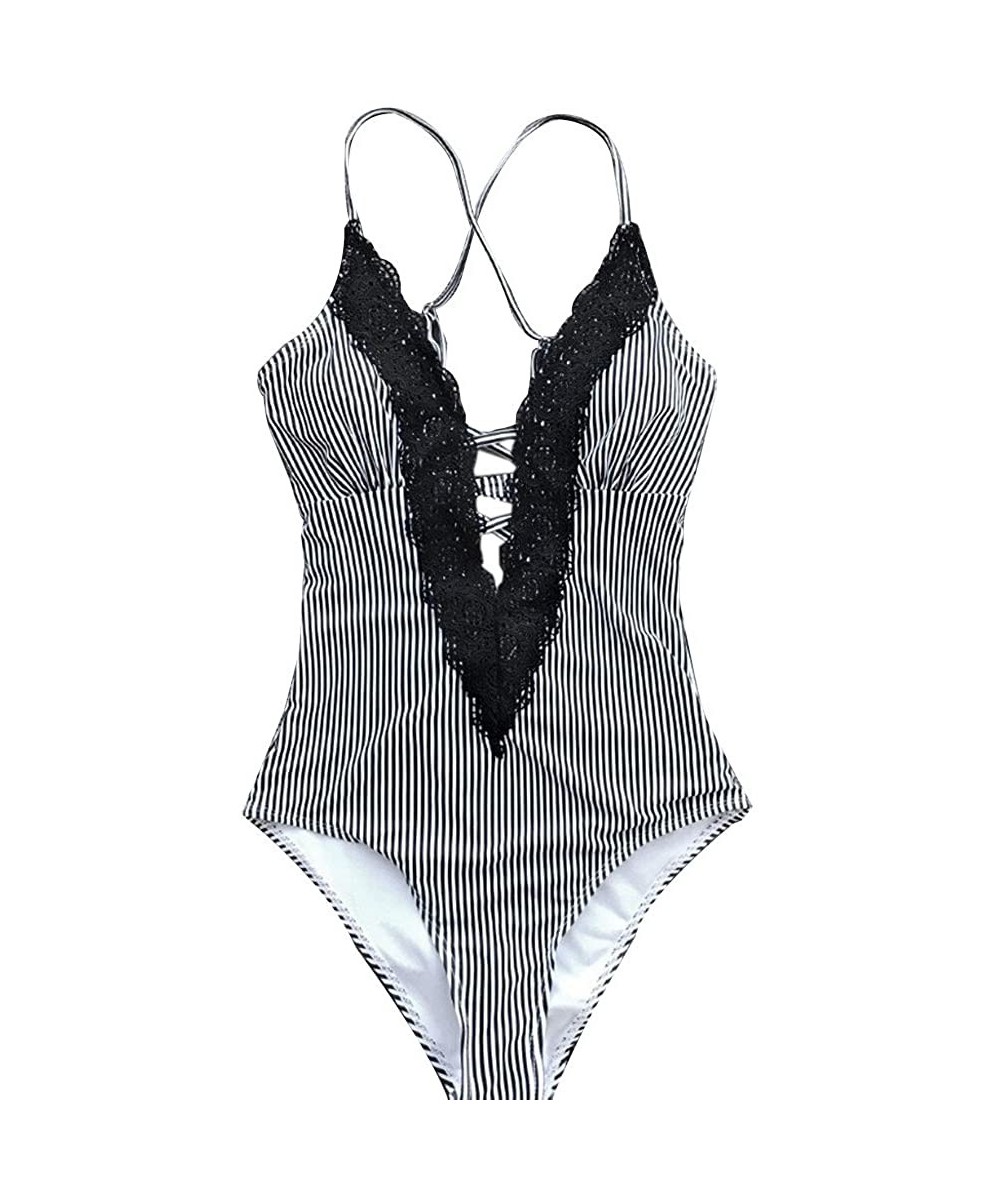 One-Pieces Women's Swimsuits Ladies Vintage Lace One Piece Bikini Sets Beach Swimwear Bathing Suit - A-black - C2195WOLSEX