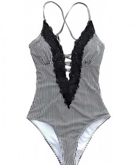 One-Pieces Women's Swimsuits Ladies Vintage Lace One Piece Bikini Sets Beach Swimwear Bathing Suit - A-black - C2195WOLSEX