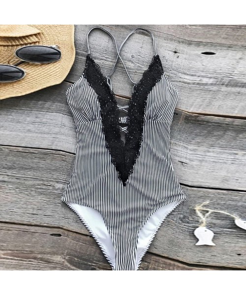 One-Pieces Women's Swimsuits Ladies Vintage Lace One Piece Bikini Sets Beach Swimwear Bathing Suit - A-black - C2195WOLSEX