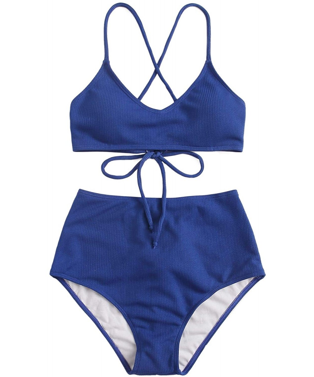 Sets Women's Solid V Neck Criss Cross Ribbed Bikini Set High Waisted Swimsuit - Blue - C6190L9MX5G