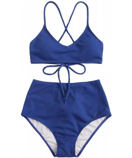 Sets Women's Solid V Neck Criss Cross Ribbed Bikini Set High Waisted Swimsuit - Blue - C6190L9MX5G