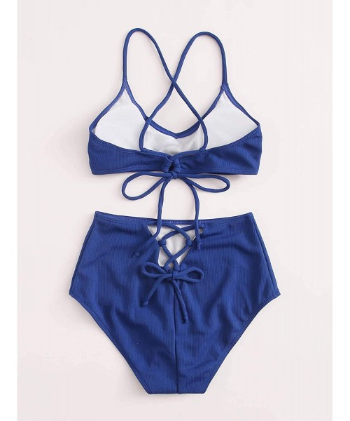 Sets Women's Solid V Neck Criss Cross Ribbed Bikini Set High Waisted Swimsuit - Blue - C6190L9MX5G