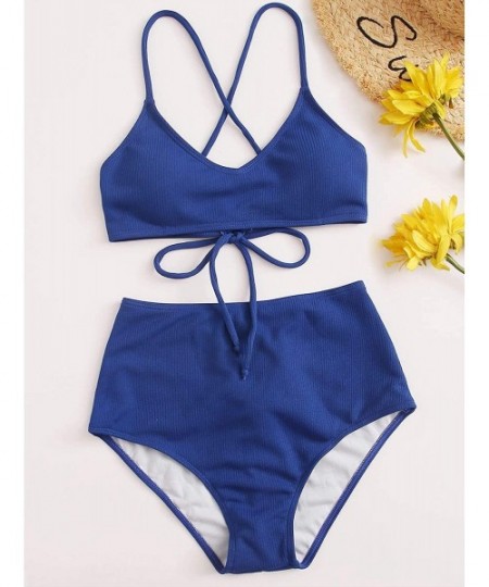 Sets Women's Solid V Neck Criss Cross Ribbed Bikini Set High Waisted Swimsuit - Blue - C6190L9MX5G