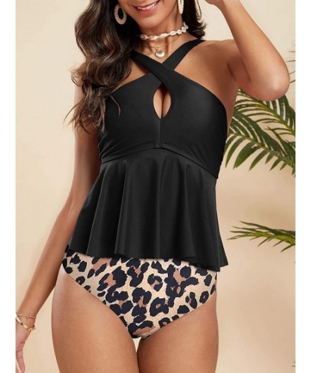 Sets Two Piece Swimsuits High Wasited Peplum Floral Bikini Set Strappy Backless Swimwear Bathing Suits - Black - CB194DRLW7E