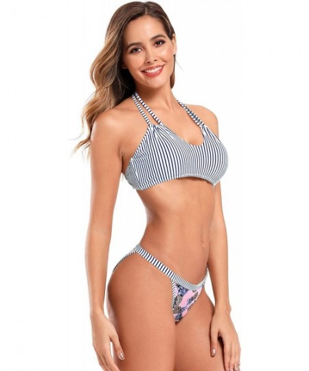 Sets Women's Tropical Floral Printing Tie Side Swim Bottoms Halter Padding Bikini Set Two Piece Swimsuits Stripe Blue - CZ18A...