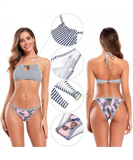 Sets Women's Tropical Floral Printing Tie Side Swim Bottoms Halter Padding Bikini Set Two Piece Swimsuits Stripe Blue - CZ18A...