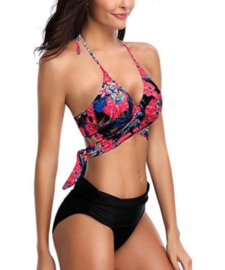 Sets Women Sexy Swimsuit Two Piece Retro Halter Ruched High Waist Print Bikini Set - Red - CE199I8G89L