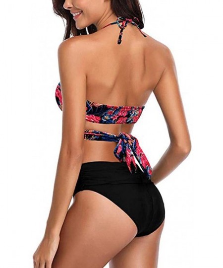 Sets Women Sexy Swimsuit Two Piece Retro Halter Ruched High Waist Print Bikini Set - Red - CE199I8G89L