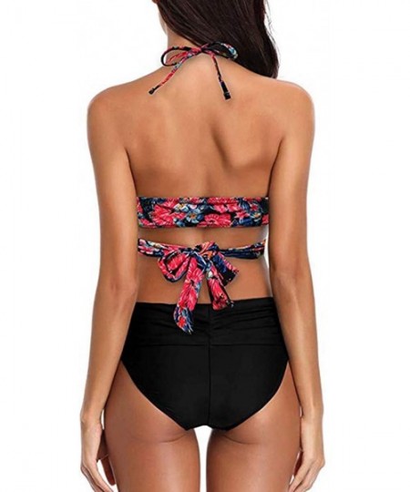 Sets Women Sexy Swimsuit Two Piece Retro Halter Ruched High Waist Print Bikini Set - Red - CE199I8G89L