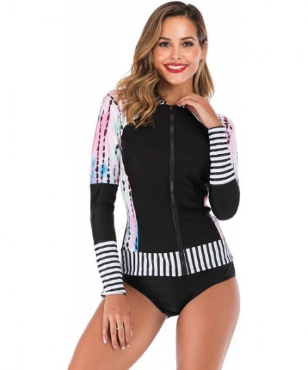 Rash Guards Women's UV Sun Protection Long Sleeve Rash Guard Wetsuit Swimsuit Set - Black White Pink - C818ST68GAW