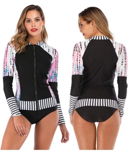 Rash Guards Women's UV Sun Protection Long Sleeve Rash Guard Wetsuit Swimsuit Set - Black White Pink - C818ST68GAW