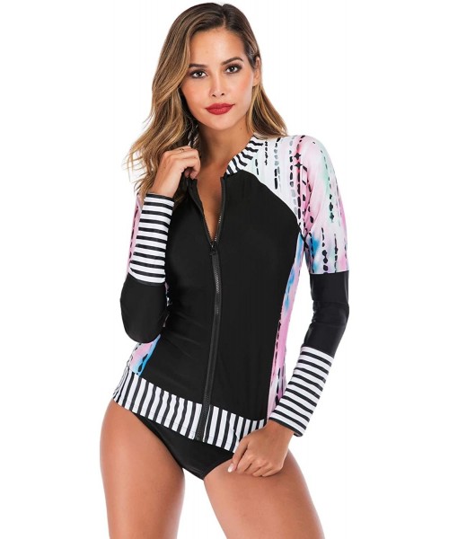 Rash Guards Women's UV Sun Protection Long Sleeve Rash Guard Wetsuit Swimsuit Set - Black White Pink - C818ST68GAW