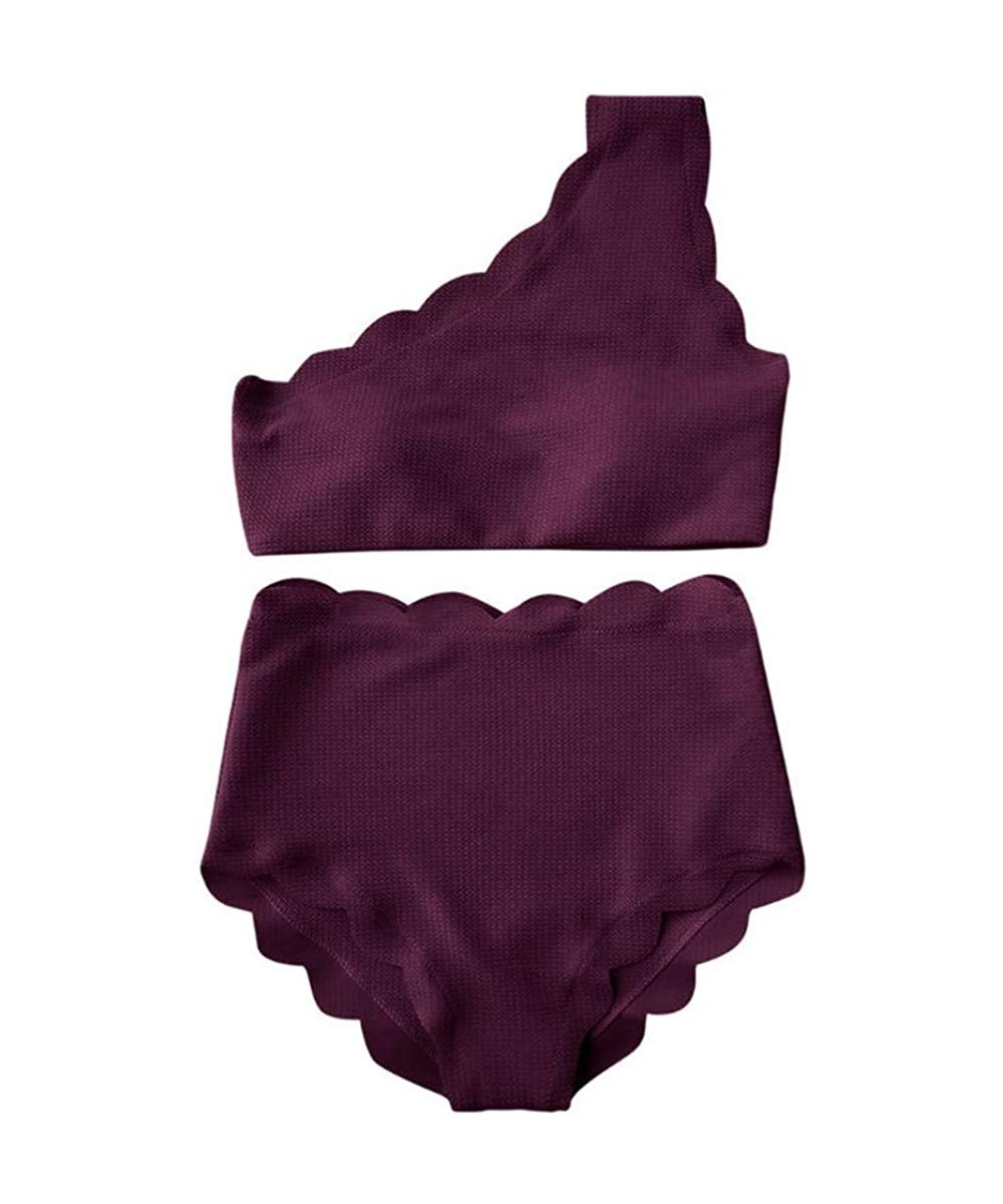 Sets Women Two-Piece Vintage Solid Color High Waisted Scalloped One Shoulder Bikini Swimsuit - Wine - C418R2A60QQ