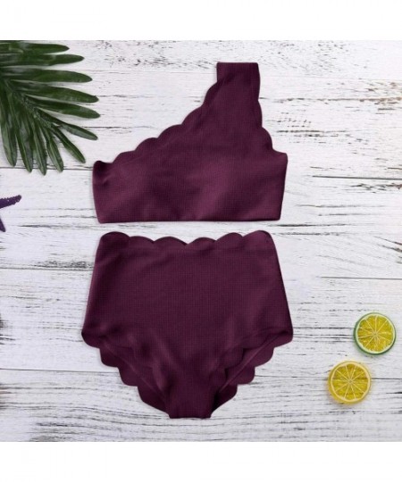 Sets Women Two-Piece Vintage Solid Color High Waisted Scalloped One Shoulder Bikini Swimsuit - Wine - C418R2A60QQ