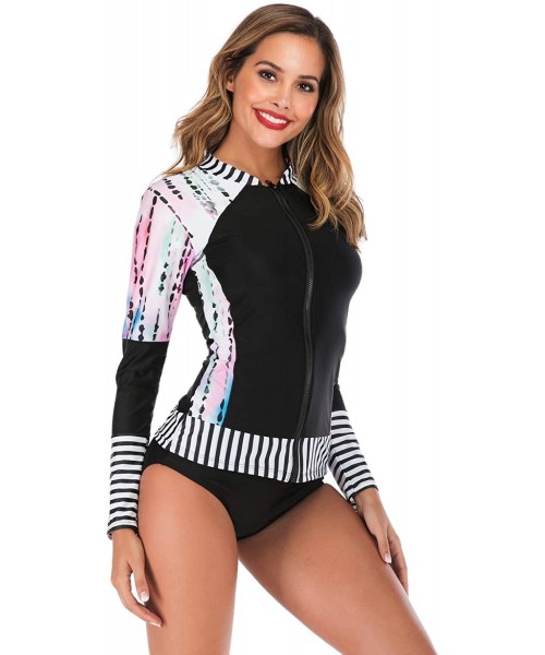 Rash Guards Women's UV Sun Protection Long Sleeve Rash Guard Wetsuit Swimsuit Set - Black White Pink - C818ST68GAW