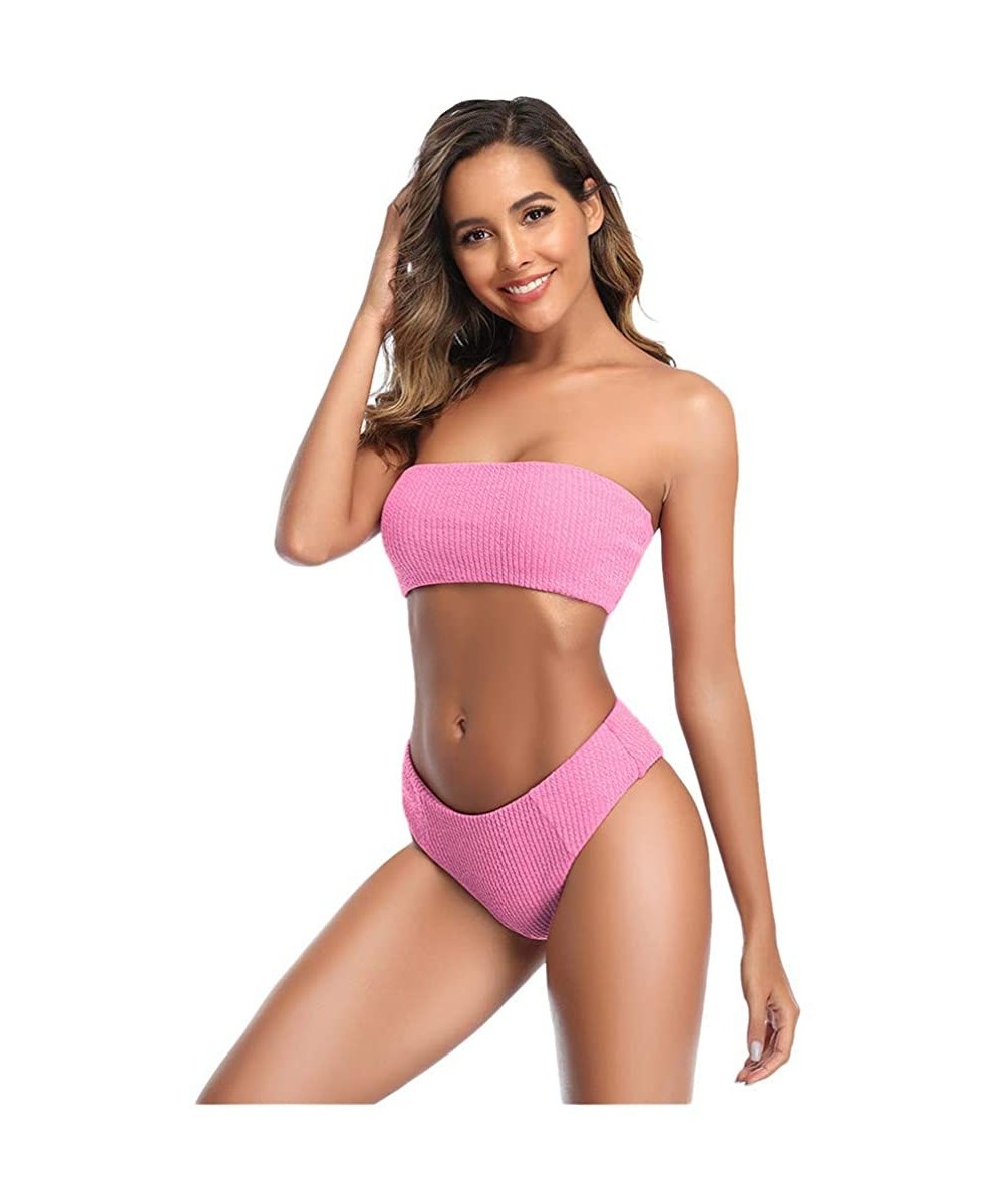 Sets Women Sexy Tube Top Swimwear Solid High Waist Bikini Set Two Piece Swimsuit - Pink - CT196R72K5X