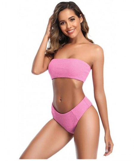 Sets Women Sexy Tube Top Swimwear Solid High Waist Bikini Set Two Piece Swimsuit - Pink - CT196R72K5X