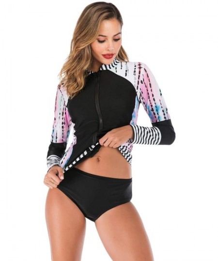 Rash Guards Women's UV Sun Protection Long Sleeve Rash Guard Wetsuit Swimsuit Set - Black White Pink - C818ST68GAW