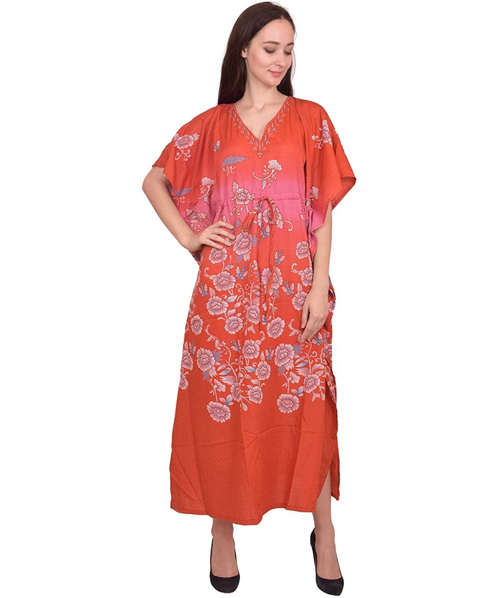 Cover-Ups Women Beach Caftan Kaftan Lounge Wear Hippy Boho Maxi Kimono Sleeve Long Dress - Orange-4 - CQ19E7SRRER