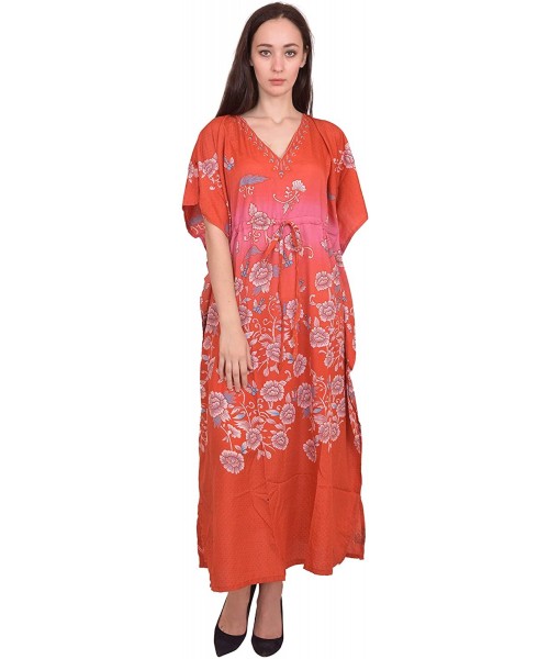 Cover-Ups Women Beach Caftan Kaftan Lounge Wear Hippy Boho Maxi Kimono Sleeve Long Dress - Orange-4 - CQ19E7SRRER