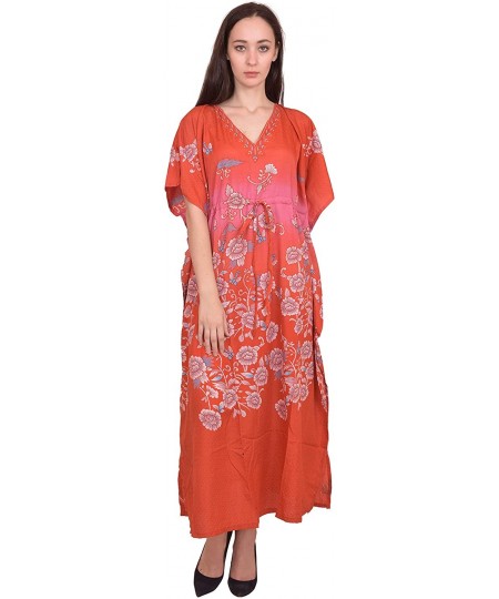 Cover-Ups Women Beach Caftan Kaftan Lounge Wear Hippy Boho Maxi Kimono Sleeve Long Dress - Orange-4 - CQ19E7SRRER