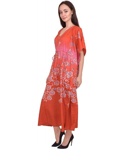 Cover-Ups Women Beach Caftan Kaftan Lounge Wear Hippy Boho Maxi Kimono Sleeve Long Dress - Orange-4 - CQ19E7SRRER