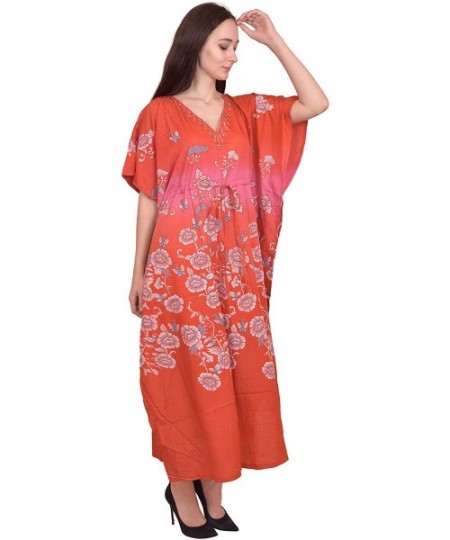 Cover-Ups Women Beach Caftan Kaftan Lounge Wear Hippy Boho Maxi Kimono Sleeve Long Dress - Orange-4 - CQ19E7SRRER