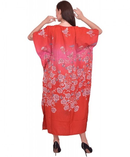 Cover-Ups Women Beach Caftan Kaftan Lounge Wear Hippy Boho Maxi Kimono Sleeve Long Dress - Orange-4 - CQ19E7SRRER