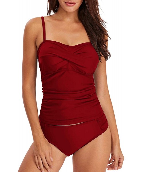 Racing Tankini Swimsuits for Women Plus Size Swimwear Tummy Control Two Piece Bathing Suits - Wine Red - CU192SIECGM