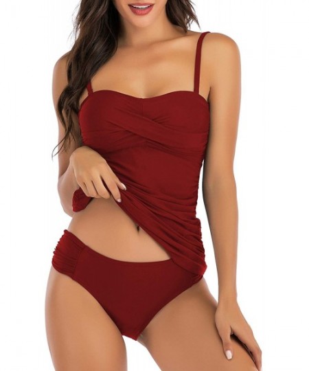 Racing Tankini Swimsuits for Women Plus Size Swimwear Tummy Control Two Piece Bathing Suits - Wine Red - CU192SIECGM