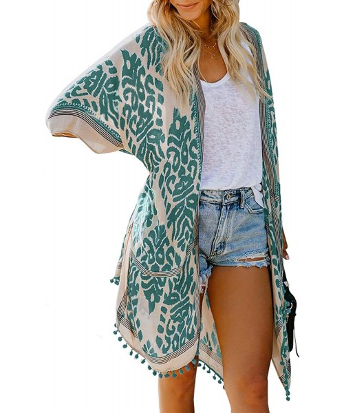 Cover-Ups Womens Fashion Boho Printed Kimono Beach Cover up Summer Open Front Loose Flowy Cardigan Top with Tassel Style 2 gr...