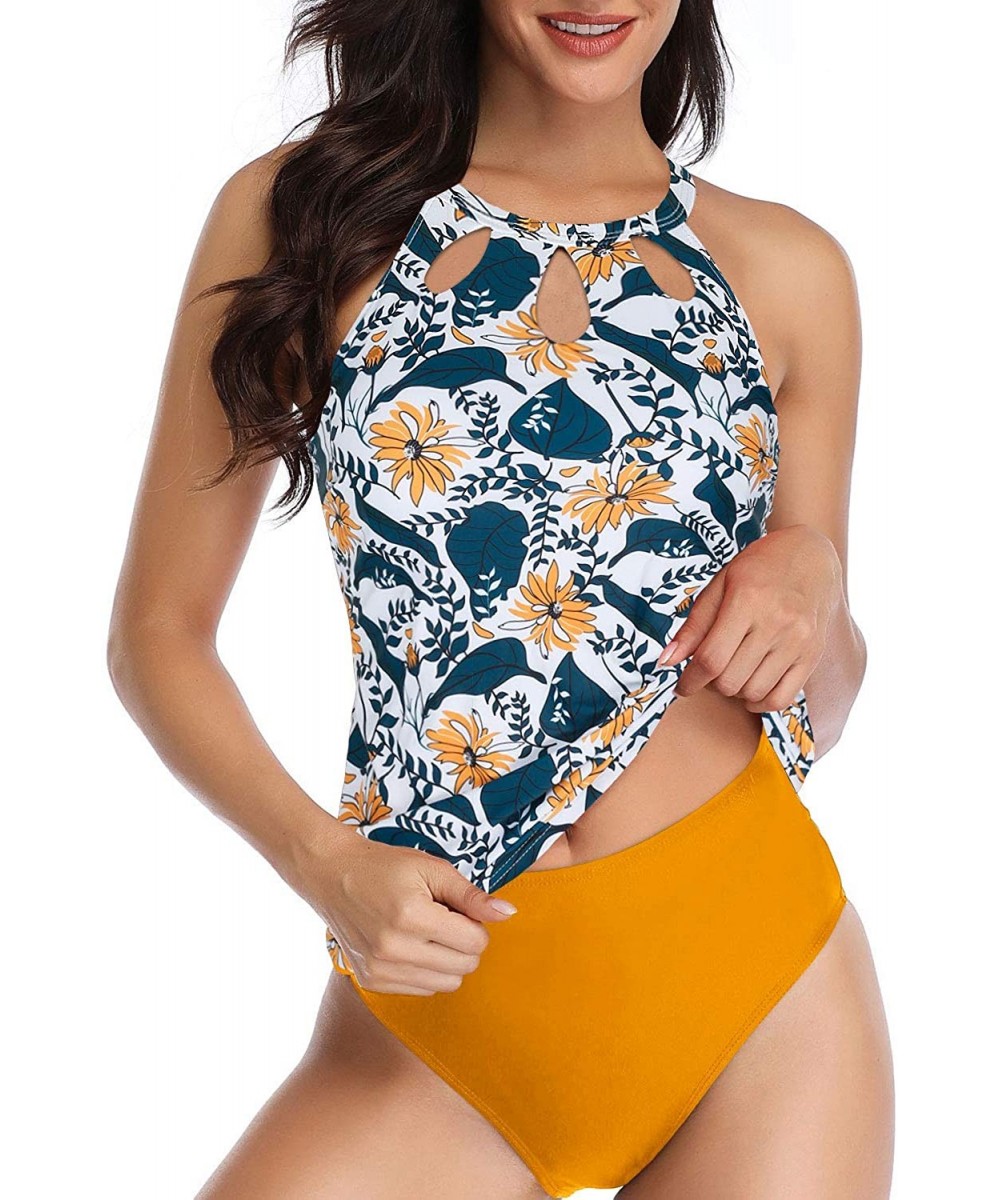 One-Pieces High Neck Tankini Swimsuits for Women Halter Bathing Suits Two Piece Floral Print Swimwear - Yellow - CW192SGGRN2