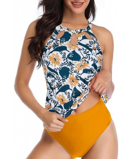 One-Pieces High Neck Tankini Swimsuits for Women Halter Bathing Suits Two Piece Floral Print Swimwear - Yellow - CW192SGGRN2