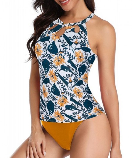 One-Pieces High Neck Tankini Swimsuits for Women Halter Bathing Suits Two Piece Floral Print Swimwear - Yellow - CW192SGGRN2