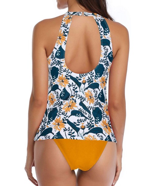 One-Pieces High Neck Tankini Swimsuits for Women Halter Bathing Suits Two Piece Floral Print Swimwear - Yellow - CW192SGGRN2