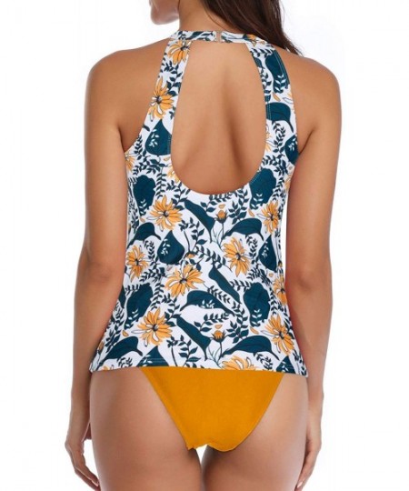 One-Pieces High Neck Tankini Swimsuits for Women Halter Bathing Suits Two Piece Floral Print Swimwear - Yellow - CW192SGGRN2