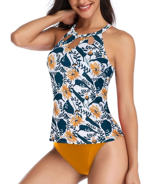 One-Pieces High Neck Tankini Swimsuits for Women Halter Bathing Suits Two Piece Floral Print Swimwear - Yellow - CW192SGGRN2