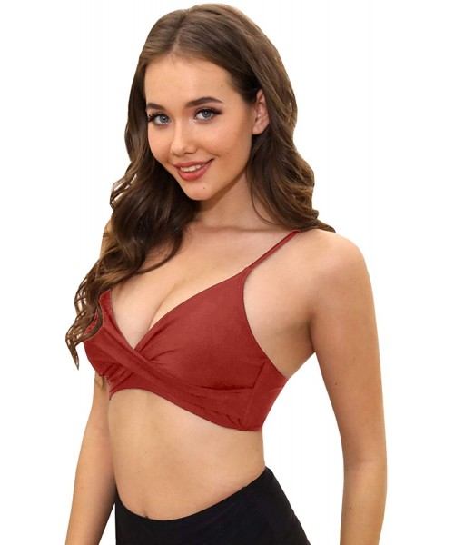 One-Pieces Women's Push Up Sexy V Neck Adjustable Shirring Front Bikini Swimsuit Top Only - Rust Red - CU19DCW5ZS8