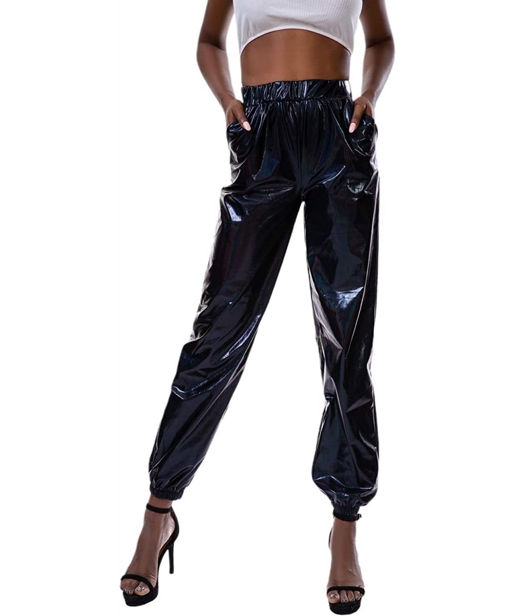 Sets Women's Metallic Shiny Jogger Pants Holographic Hip Hop Sweatpant Tap. - Black - CQ18Z3NXXKE