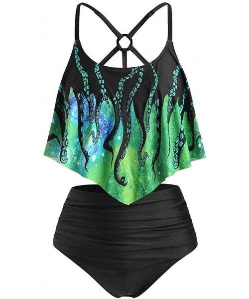 Sets Womens Two Piece Tankini Set Octopus Print Swimwear Push up Padded Tank Top Bikini Bottom Bathing Suit Light Green - CG1...