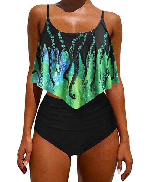 Sets Womens Two Piece Tankini Set Octopus Print Swimwear Push up Padded Tank Top Bikini Bottom Bathing Suit Light Green - CG1...