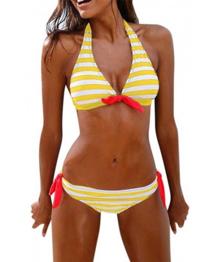 Sets Stripe Back Braided Straps Reversible Tank Top Strappy Lace Up Bikini Sets - Yellow - C3195LZDIMN