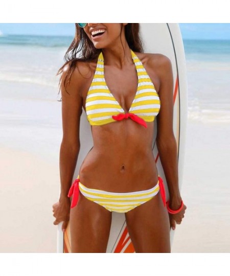 Sets Stripe Back Braided Straps Reversible Tank Top Strappy Lace Up Bikini Sets - Yellow - C3195LZDIMN