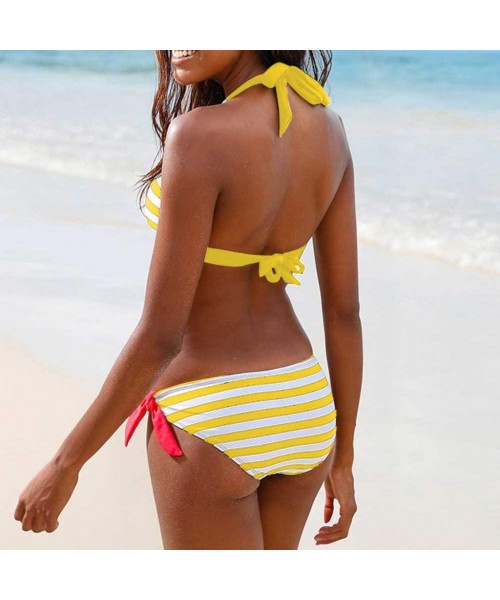 Sets Stripe Back Braided Straps Reversible Tank Top Strappy Lace Up Bikini Sets - Yellow - C3195LZDIMN