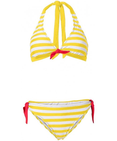 Sets Stripe Back Braided Straps Reversible Tank Top Strappy Lace Up Bikini Sets - Yellow - C3195LZDIMN