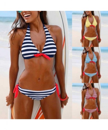 Sets Stripe Back Braided Straps Reversible Tank Top Strappy Lace Up Bikini Sets - Yellow - C3195LZDIMN